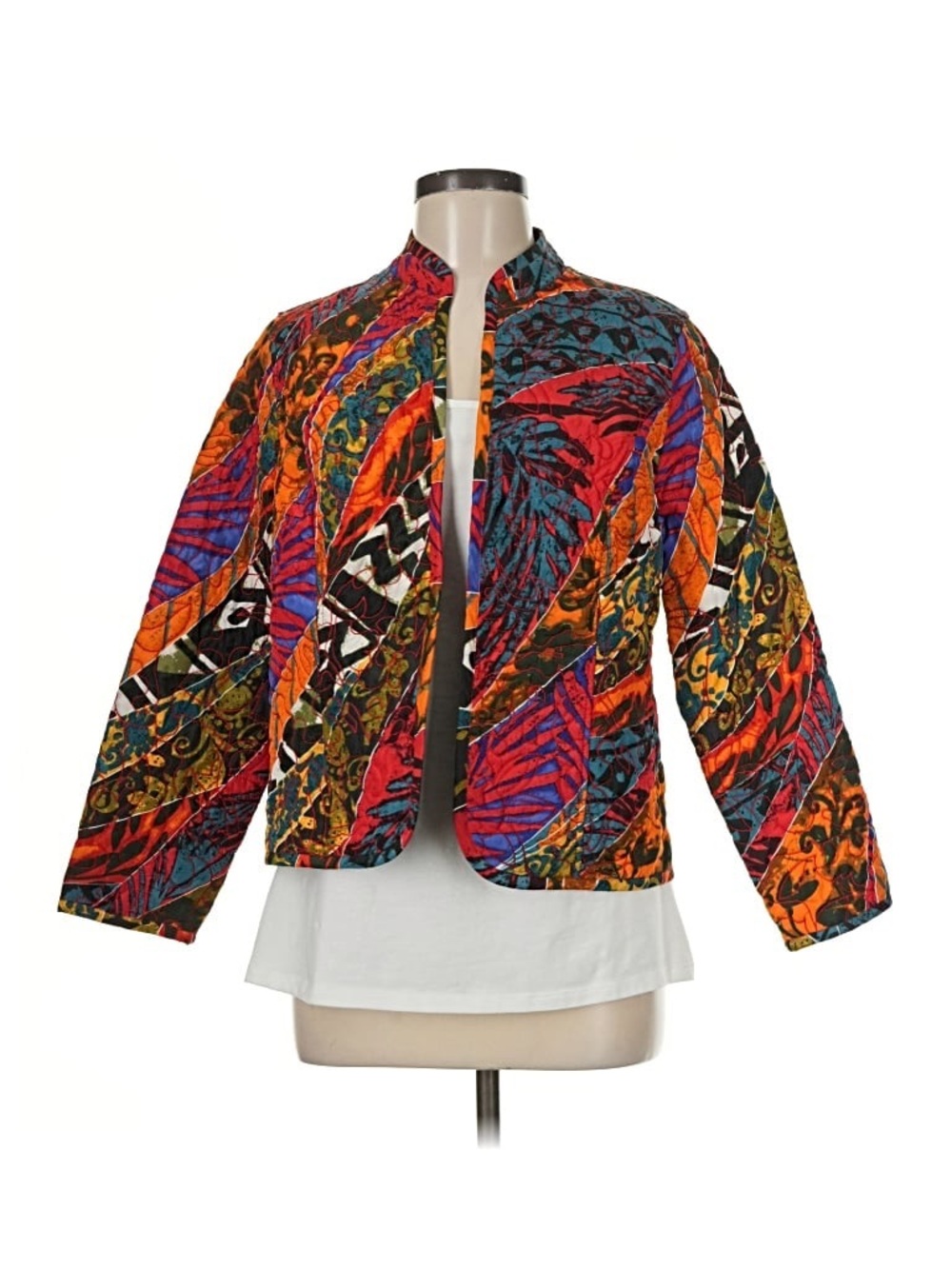 Chicos Size 1 US Medium Open Front Quilted Jacket Colorful Abstract Patchwork
